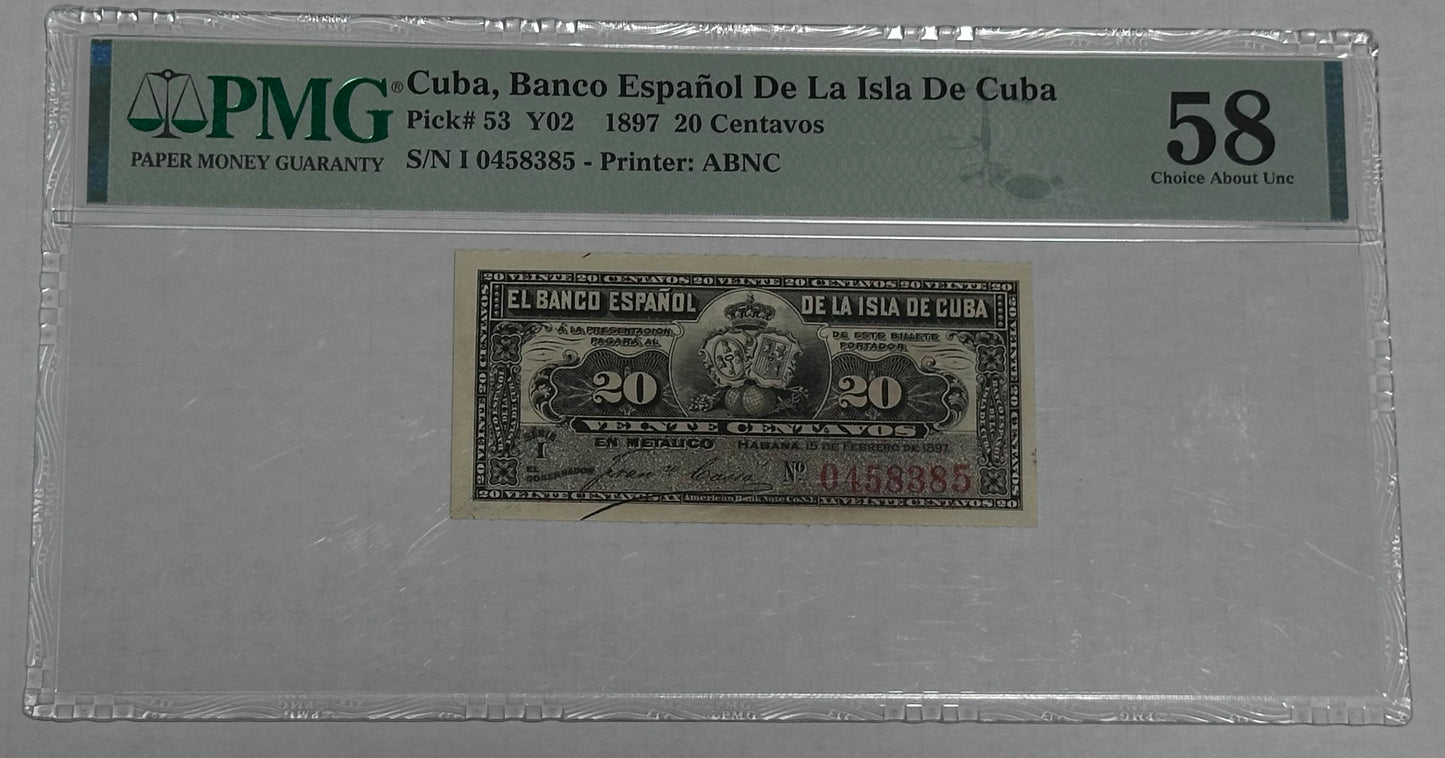 Billete de 20 centavos 1897 banco Español de Cuba