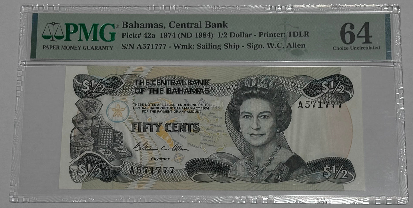 Billete de 1/2 dollar de 1974 Bahamas