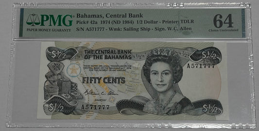 Billete de 1/2 dollar de 1974 Bahamas