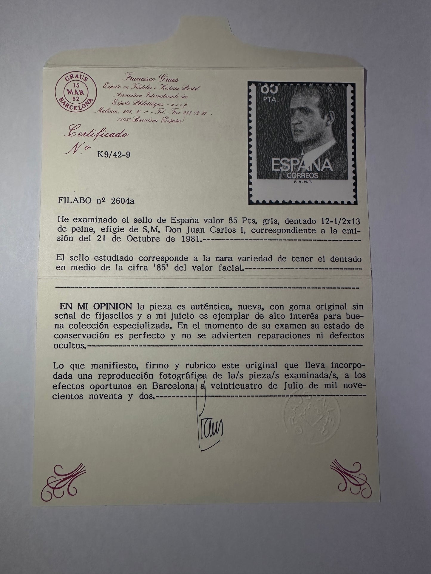 Edifil 2604 a. 85 pesetas  Juan Carlos