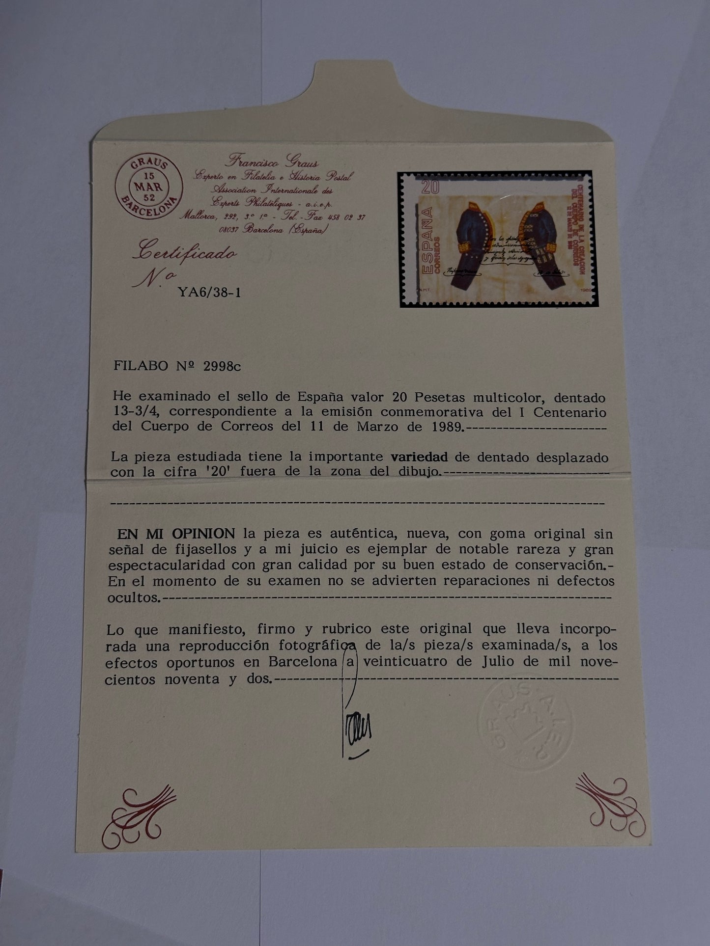 Sello 20 pesetas  1989  No: 2998 c    Variante