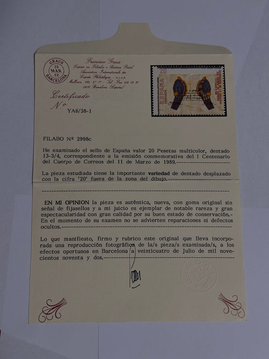 Sello 20 pesetas  1989  No: 2998 c    Variante