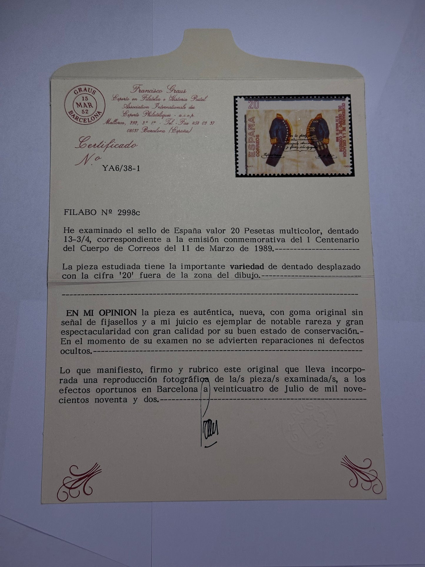 Sello 20 pesetas  1989  No: 2998 c    Variante